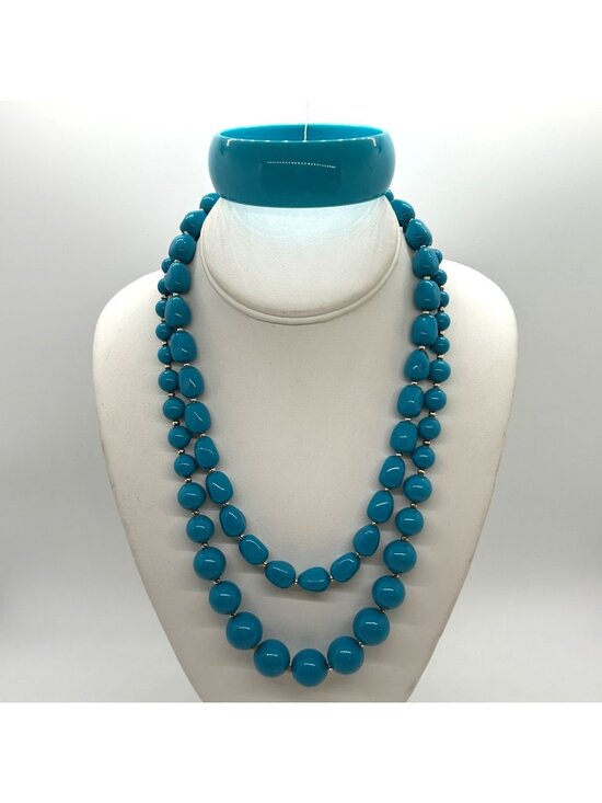 Estate Jewelry - Vintage Turquoise Acrylic Set 2 Necklaces Bangle Bracelet Chunky Bead Statement